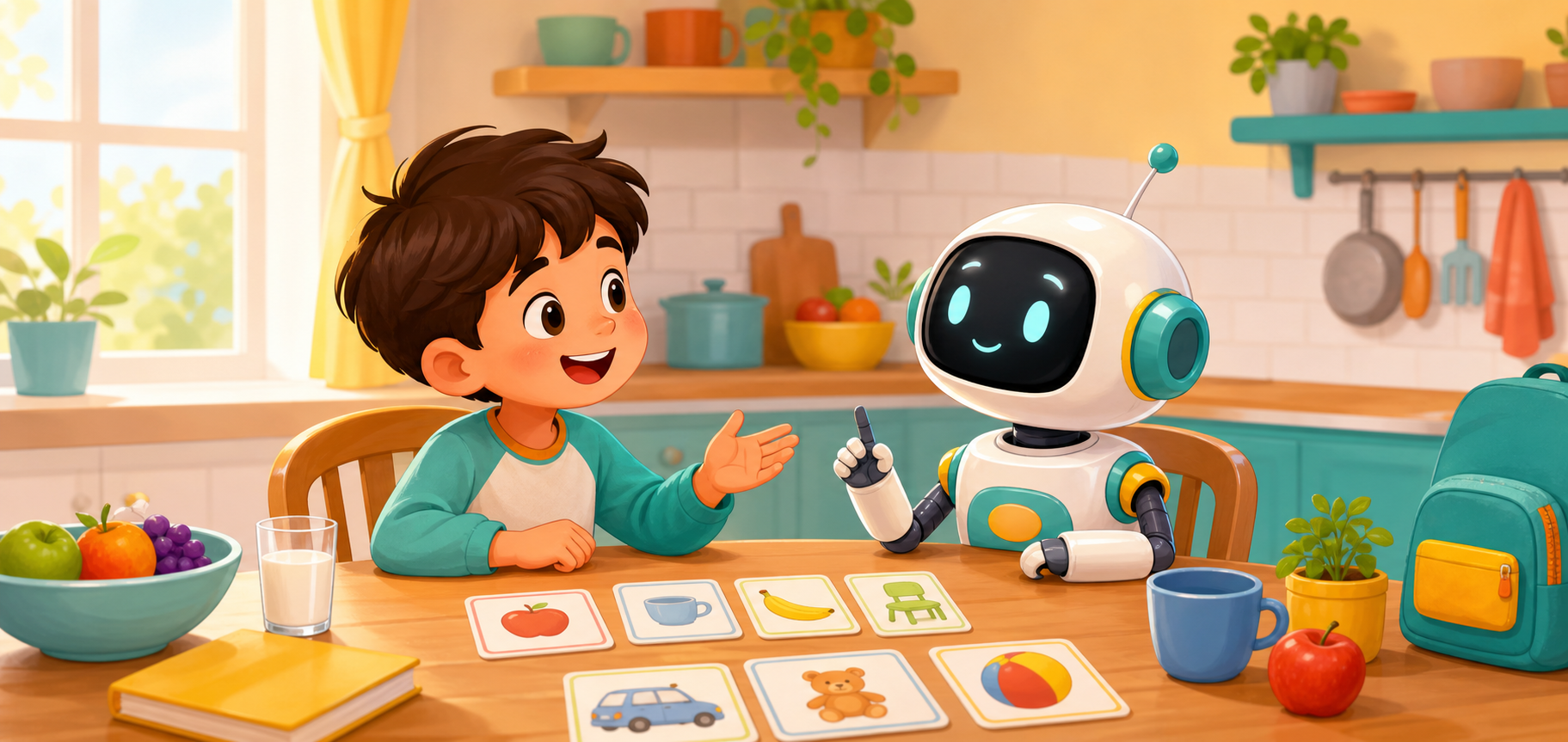A child practicing English with a friendly robot tutor